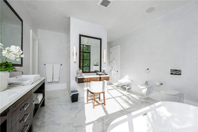 full bath featuring visible vents, toilet, marble finish floor, vanity, and a bath