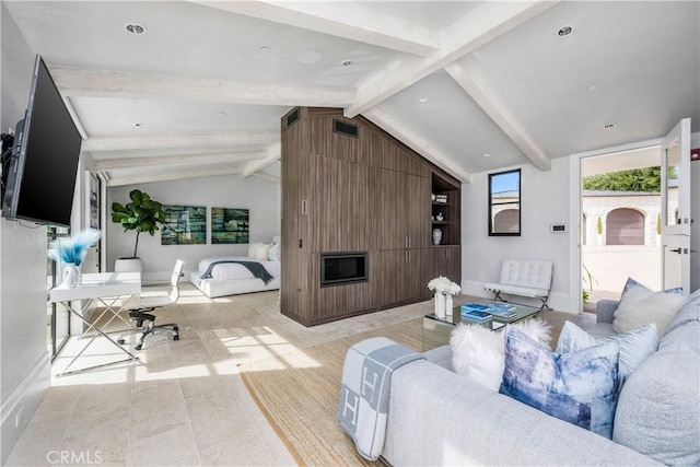 living area with vaulted ceiling with beams, baseboards, a fireplace, and visible vents