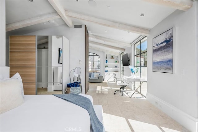 bedroom featuring lofted ceiling with beams, a closet, visible vents, and baseboards