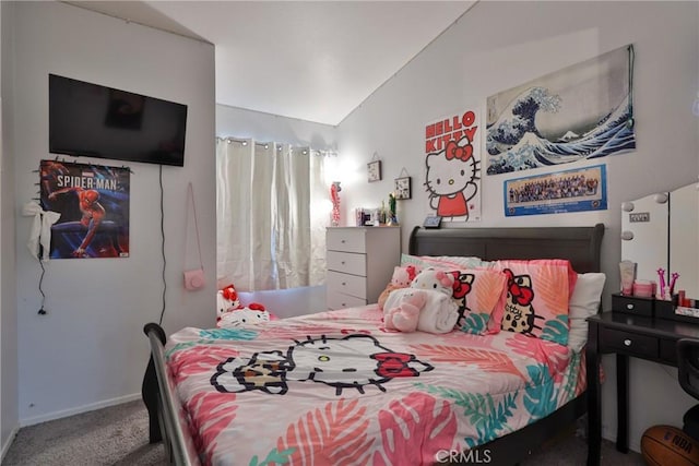 bedroom featuring carpet floors, vaulted ceiling, and baseboards