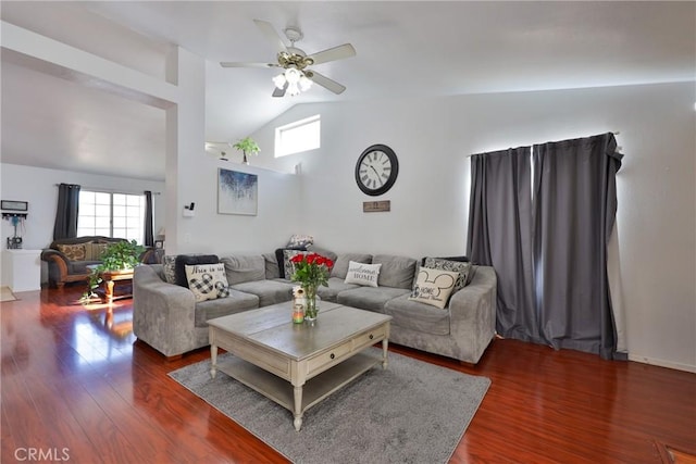 living room featuring high vaulted ceiling, ceiling fan, and wood finished floors