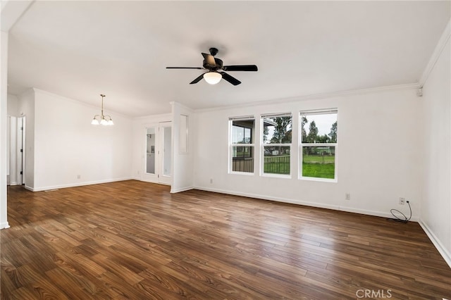 unfurnished living room featuring dark wood-type flooring, baseboards, crown molding, and ceiling fan with notable chandelier
