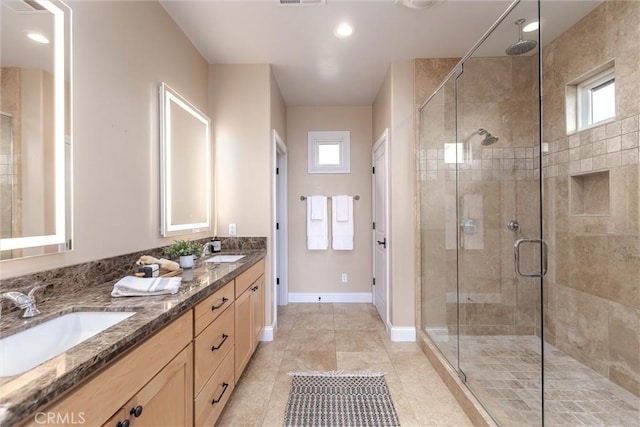 full bath with a sink, a healthy amount of sunlight, and a shower stall