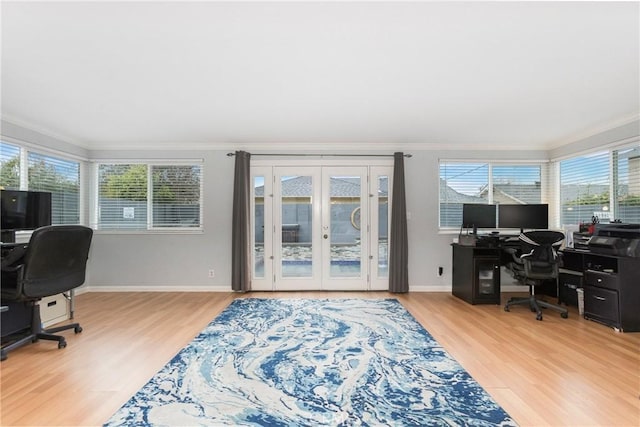 office with crown molding, baseboards, and wood finished floors