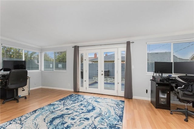 office space featuring french doors, a healthy amount of sunlight, and ornamental molding