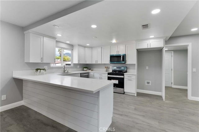 kitchen with stainless steel appliances, a peninsula, a sink, visible vents, and white cabinets