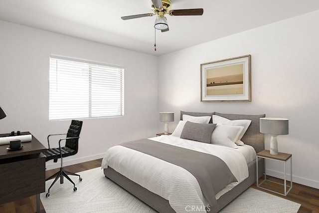 bedroom with a ceiling fan, baseboards, and wood finished floors