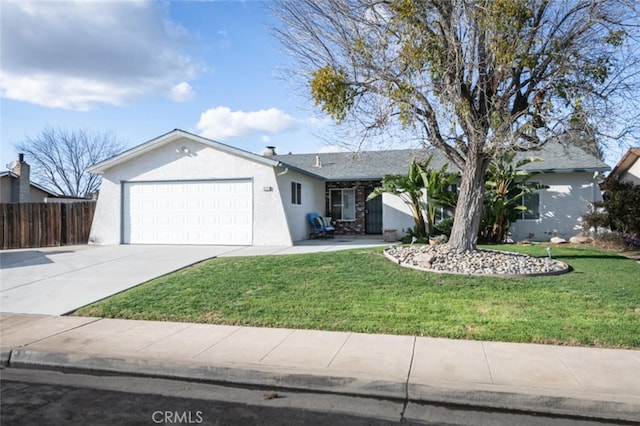 ranch-style home with a garage, driveway, stucco siding, fence, and a front yard