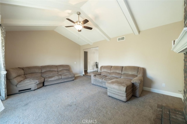 living room featuring carpet floors, visible vents, lofted ceiling with beams, ceiling fan, and baseboards