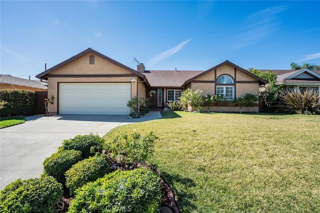 ranch-style home with a garage, concrete driveway, a front lawn, and stucco siding