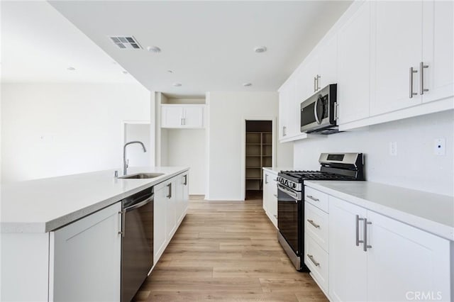 kitchen with visible vents, appliances with stainless steel finishes, light wood-style floors, white cabinetry, and a sink