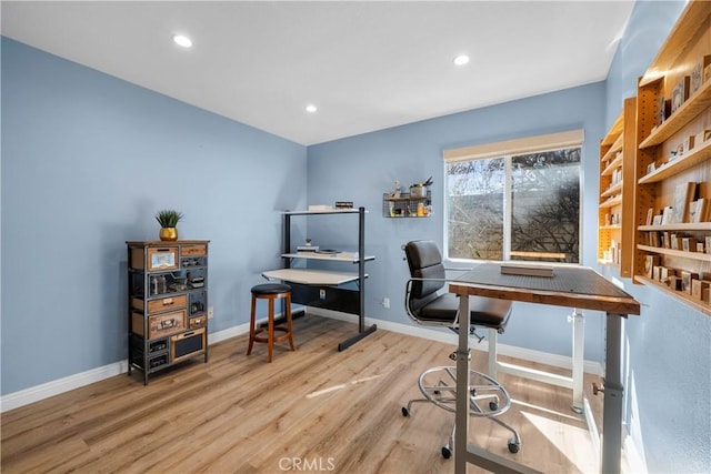 office space with recessed lighting, baseboards, and wood finished floors