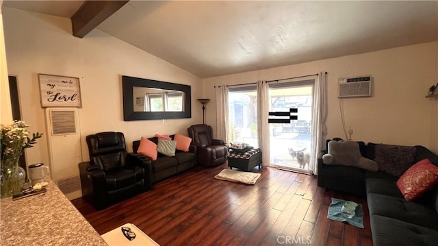 living room featuring a wall unit AC, vaulted ceiling with beams, and dark wood finished floors