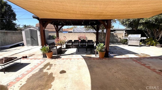 view of patio / terrace featuring an outbuilding, a fenced backyard, a grill, and a storage unit