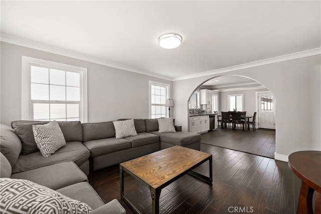 living area with baseboards, arched walkways, dark wood-style flooring, and ornamental molding