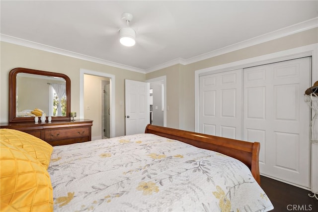 bedroom featuring ornamental molding, a closet, ceiling fan, and dark wood-style flooring