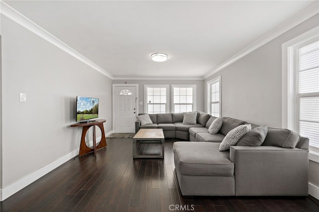 living room with baseboards, dark wood-type flooring, a wealth of natural light, and crown molding