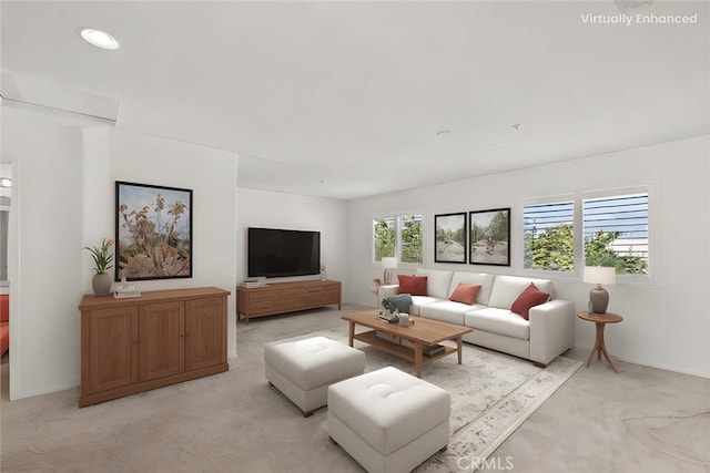 living room with recessed lighting and light colored carpet