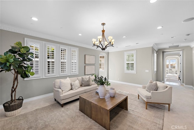 living area featuring recessed lighting, baseboards, and ornamental molding