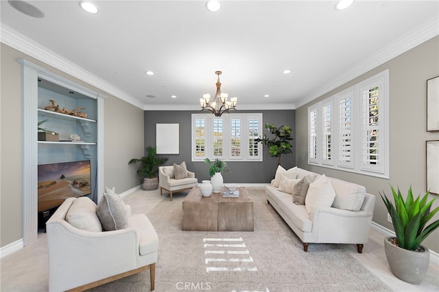 living room featuring a chandelier, recessed lighting, baseboards, and ornamental molding