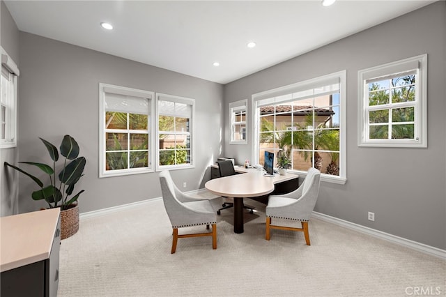 dining area featuring carpet flooring, recessed lighting, and baseboards