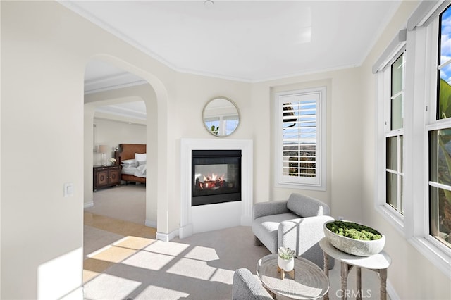 sitting room featuring crown molding, baseboards, carpet flooring, arched walkways, and a glass covered fireplace