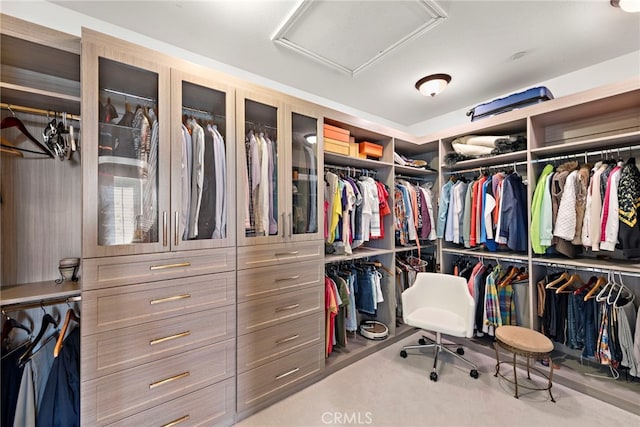 spacious closet featuring attic access