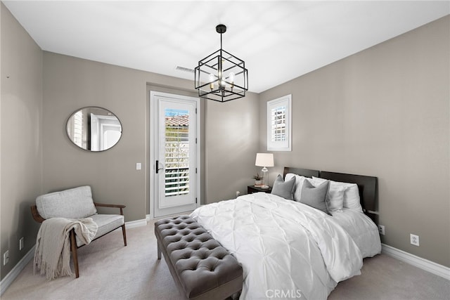 bedroom with access to exterior, visible vents, baseboards, light colored carpet, and an inviting chandelier