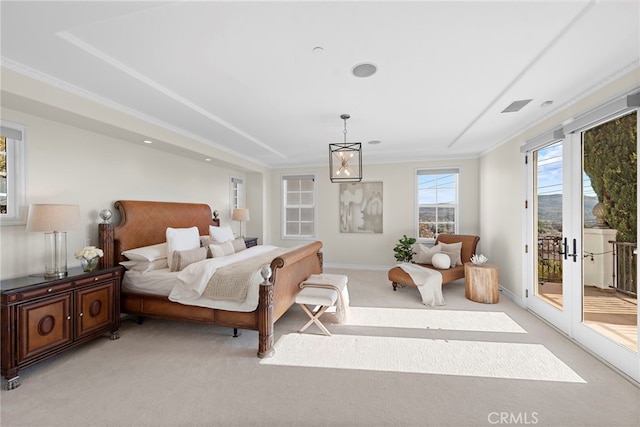 bedroom featuring visible vents, light carpet, access to outside, crown molding, and baseboards