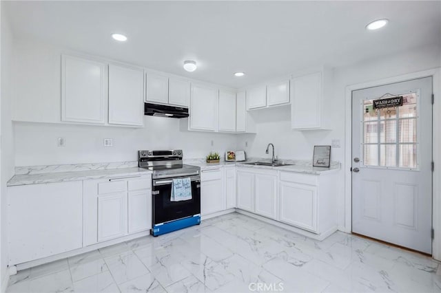 kitchen with white cabinets, marble finish floor, stainless steel electric stove, under cabinet range hood, and a sink