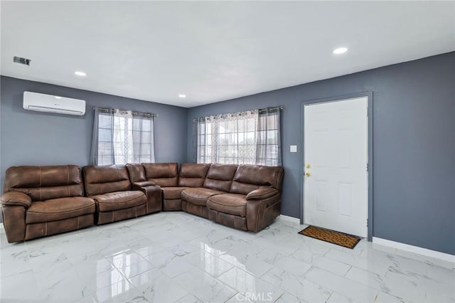 unfurnished living room with marble finish floor, recessed lighting, baseboards, and a wall mounted AC