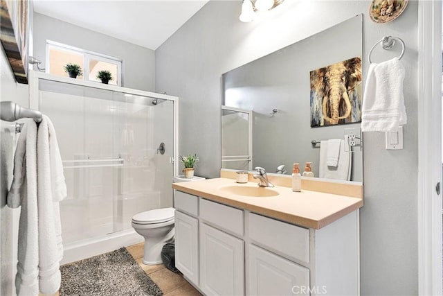 full bath featuring toilet, a shower stall, vanity, and tile patterned floors