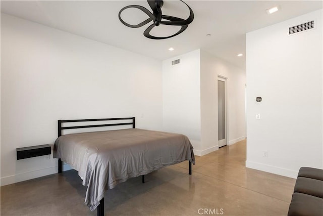 bedroom featuring finished concrete floors, recessed lighting, visible vents, and baseboards