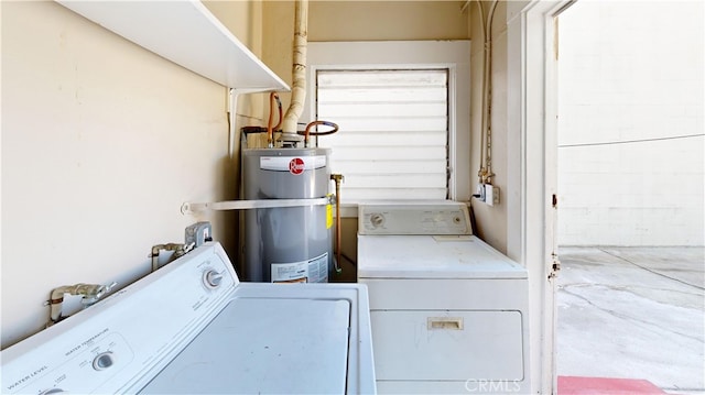 laundry room with washer and dryer, strapped water heater, and laundry area