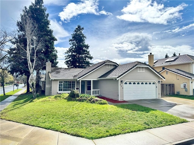 single story home featuring driveway, a chimney, a tiled roof, an attached garage, and a front lawn