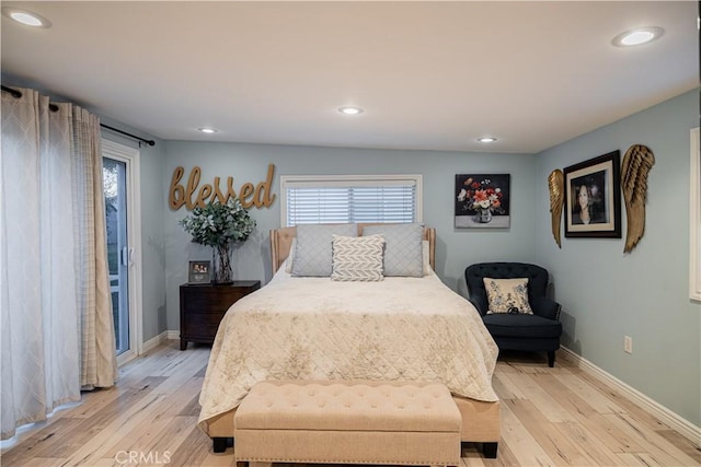 bedroom featuring baseboards, recessed lighting, and light wood-style floors