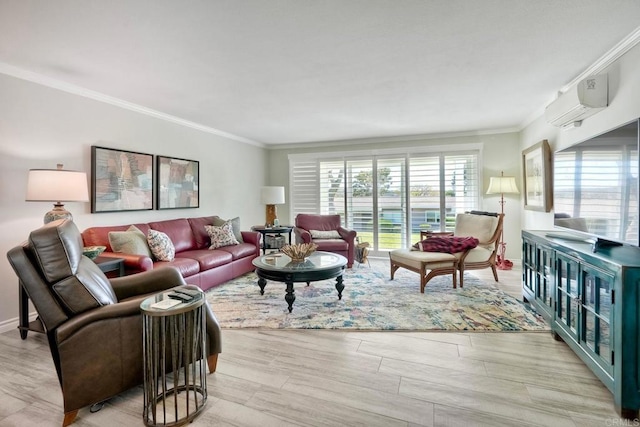 living area with light wood-style flooring, crown molding, and a wall mounted AC