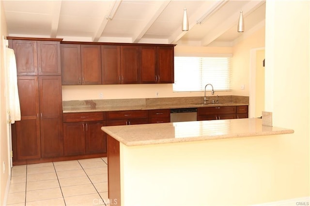 kitchen with stainless steel dishwasher, beam ceiling, light tile patterned floors, and a sink