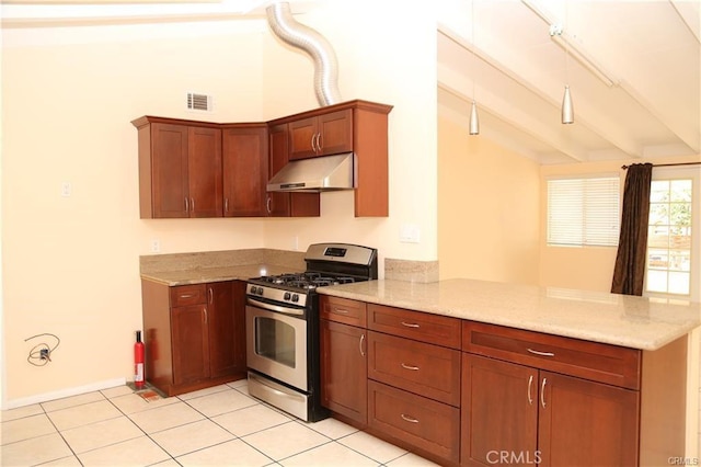 kitchen with vaulted ceiling with beams, under cabinet range hood, a peninsula, visible vents, and gas range