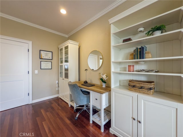 office space featuring ornamental molding, dark wood-style flooring, recessed lighting, and baseboards