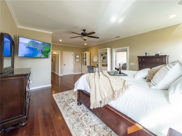 bedroom featuring visible vents, baseboards, dark wood-style floors, crown molding, and recessed lighting