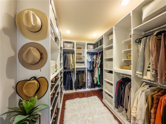 walk in closet with wood finished floors