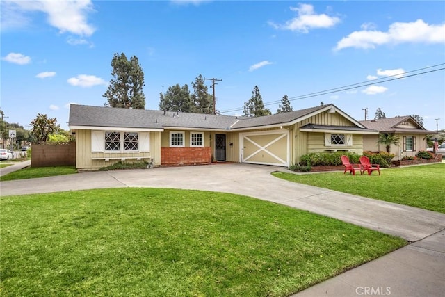 ranch-style home with a garage, concrete driveway, a front lawn, and board and batten siding