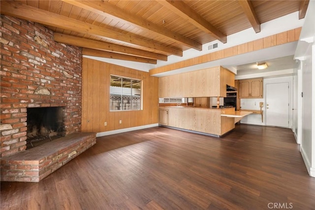 kitchen featuring a fireplace, visible vents, dark wood-type flooring, wooden ceiling, and a peninsula