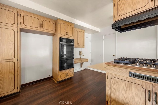 kitchen with dobule oven black, stainless steel gas cooktop, baseboards, custom exhaust hood, and dark wood finished floors