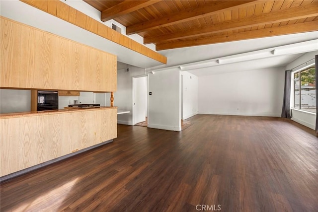 kitchen featuring dark wood-style flooring, open floor plan, light brown cabinets, wooden ceiling, and baseboards