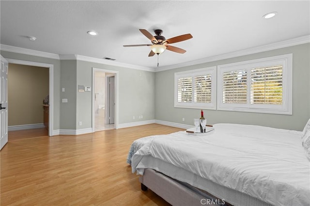 bedroom with visible vents, baseboards, light wood-style flooring, ornamental molding, and recessed lighting