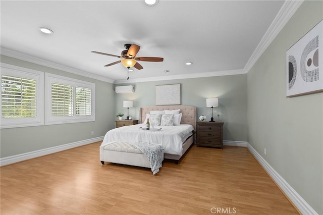 bedroom with baseboards, ornamental molding, and an AC wall unit