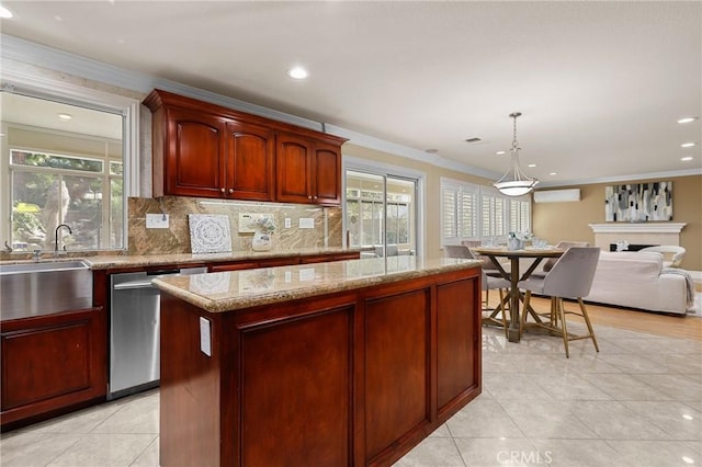 kitchen with reddish brown cabinets, light stone countertops, crown molding, and dishwasher