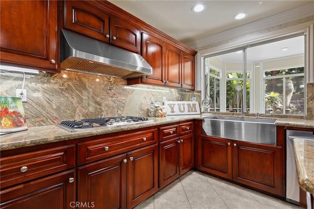 kitchen with light stone counters, under cabinet range hood, stainless steel appliances, a sink, and dark brown cabinets